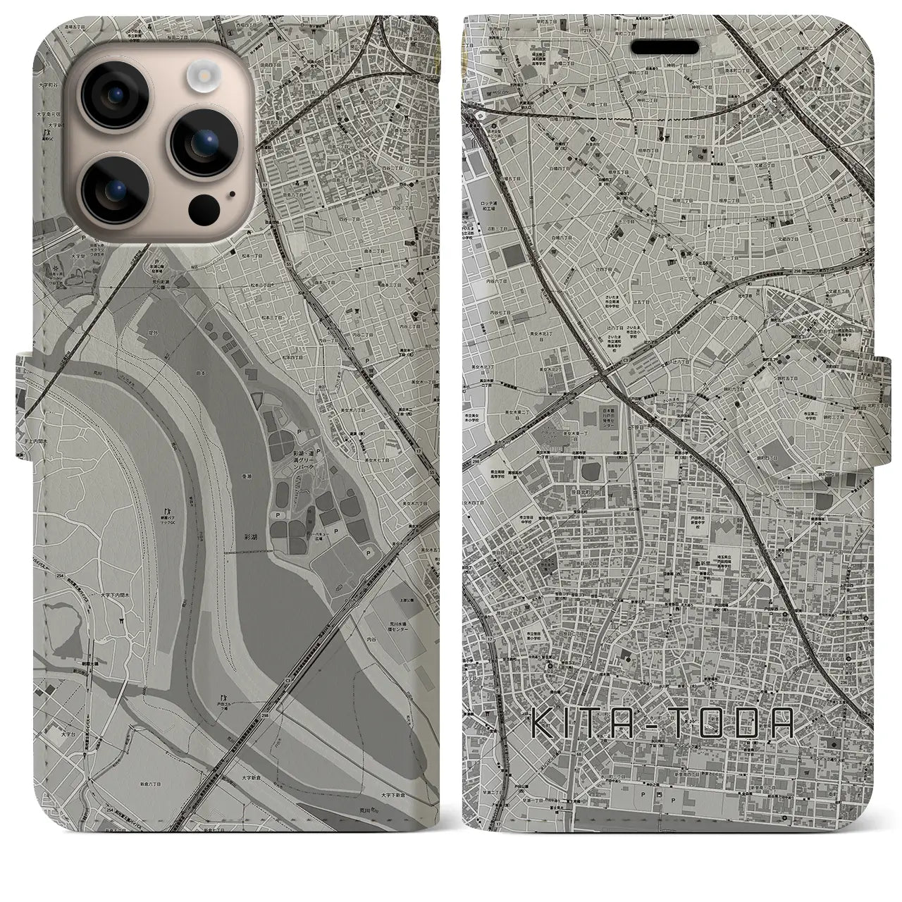 【北戸田（埼玉県）】地図柄iPhoneケース（手帳タイプ）モノトーン・iPhone 16 Plus 用