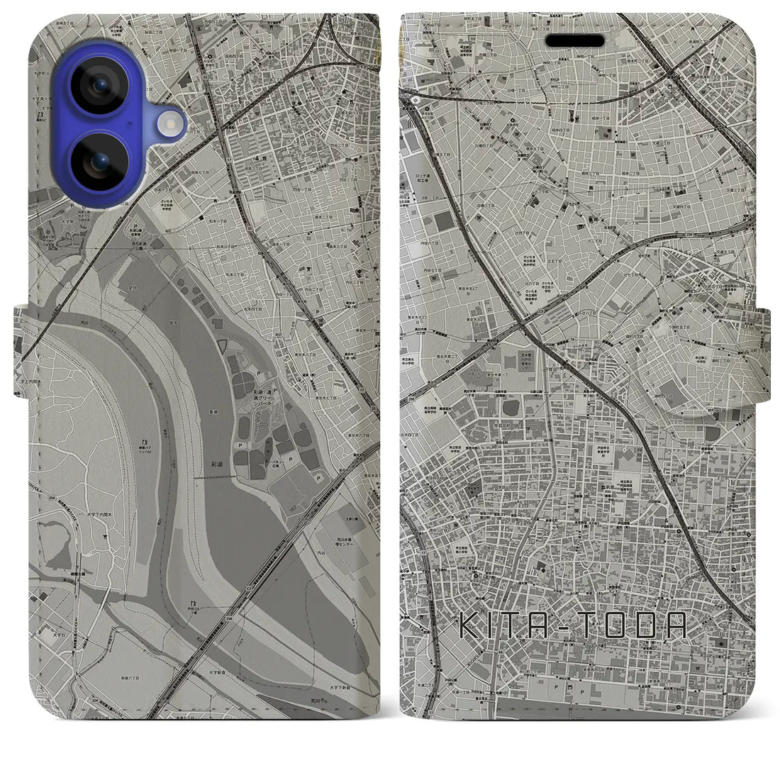 【北戸田(埼玉県)】地図柄iPhoneケース(手帳タイプ)モノトーン・iPhone 16 Pro Max 用