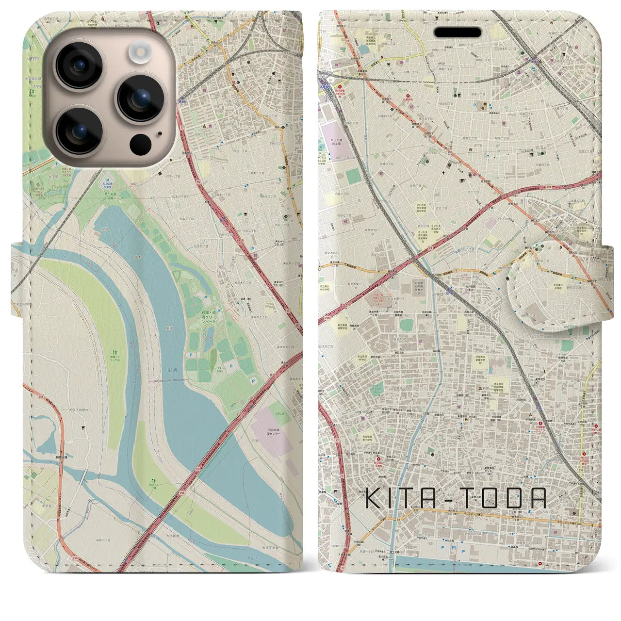 【北戸田（埼玉県）】地図柄iPhoneケース（手帳タイプ）ナチュラル・iPhone 16 Plus 用