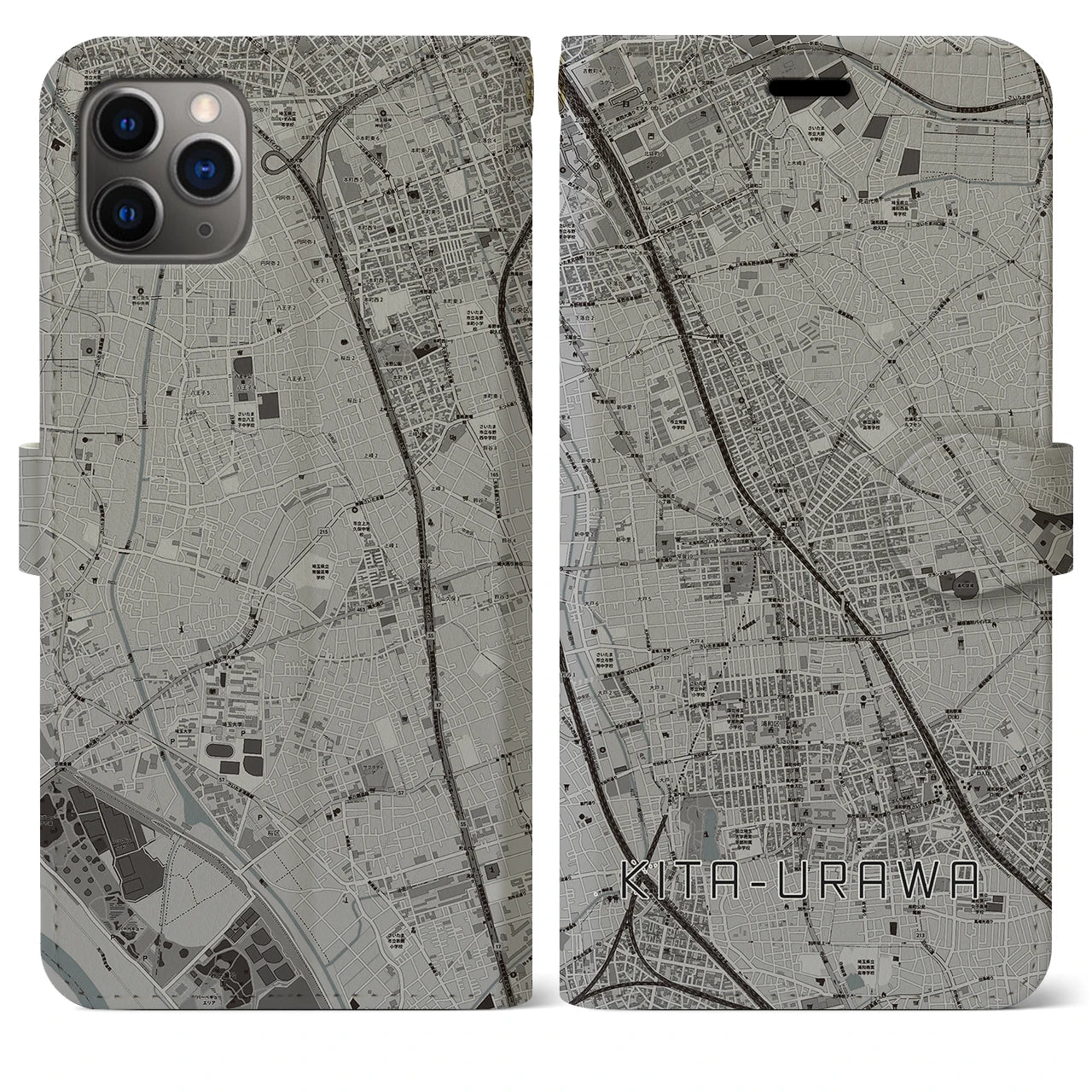 【北浦和】地図柄iPhoneケース（手帳両面タイプ・モノトーン）iPhone 11 Pro Max 用