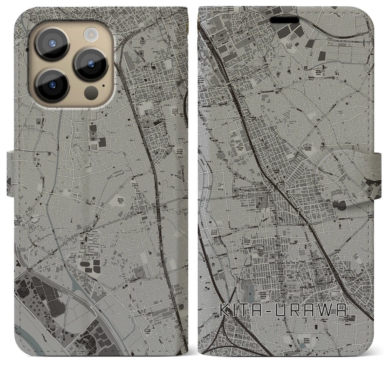 【北浦和】地図柄iPhoneケース（手帳両面タイプ・モノトーン）iPhone 14 Pro Max 用