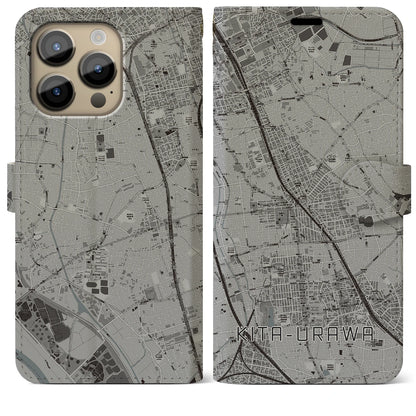 【北浦和（埼玉県）】地図柄iPhoneケース（手帳タイプ）モノトーン・iPhone 14 Pro Max 用