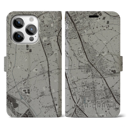 【北浦和（埼玉県）】地図柄iPhoneケース（手帳タイプ）モノトーン・iPhone 14 Pro 用