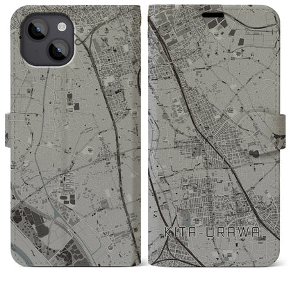 【北浦和（埼玉県）】地図柄iPhoneケース（手帳タイプ）モノトーン・iPhone 14 Plus 用