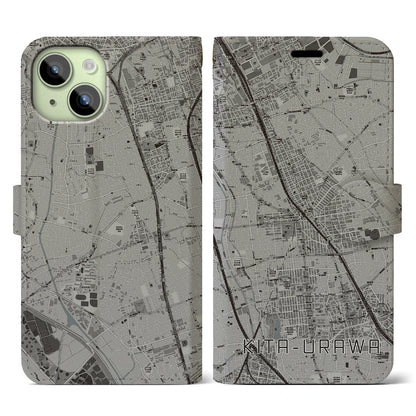【北浦和（埼玉県）】地図柄iPhoneケース（手帳タイプ）モノトーン・iPhone 15 用