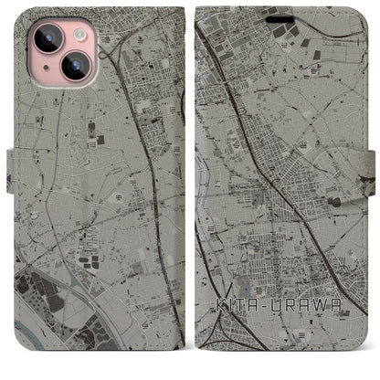 【北浦和（埼玉県）】地図柄iPhoneケース（手帳タイプ）モノトーン・iPhone 15 Plus 用