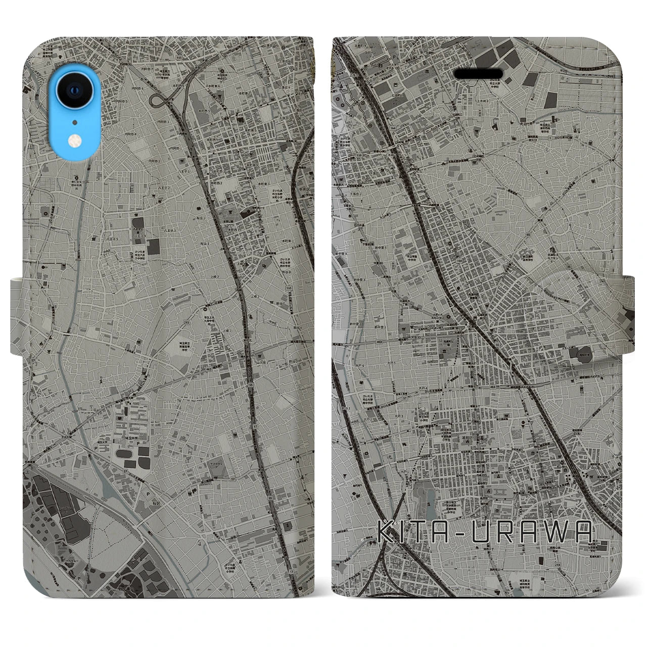 【北浦和】地図柄iPhoneケース（手帳両面タイプ・モノトーン）iPhone XR 用