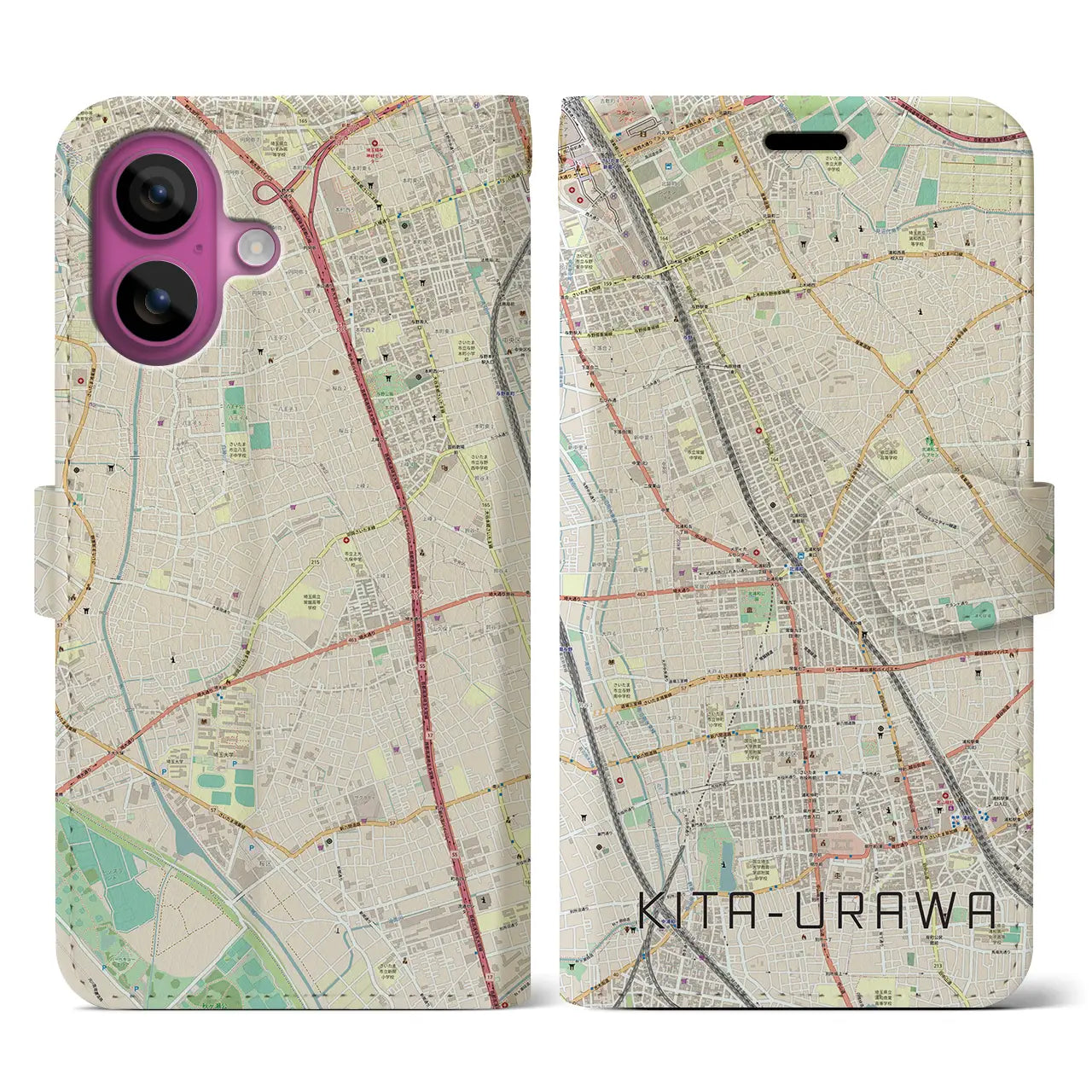 【北浦和（埼玉県）】地図柄iPhoneケース（手帳タイプ）ナチュラル・iPhone 16 Pro 用