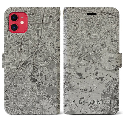 【北山田（神奈川県）】地図柄iPhoneケース（手帳タイプ）モノトーン・iPhone 11 用