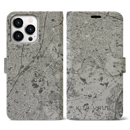 【北山田（神奈川県）】地図柄iPhoneケース（手帳タイプ）モノトーン・iPhone 13 Pro 用