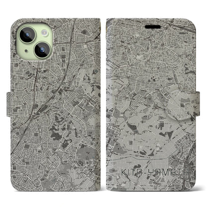 【北山田（神奈川県）】地図柄iPhoneケース（手帳タイプ）モノトーン・iPhone 15 用