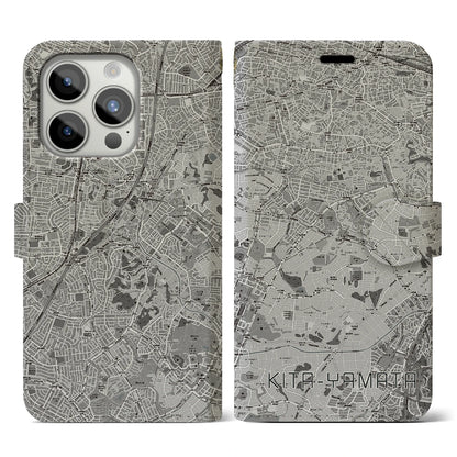 【北山田（神奈川県）】地図柄iPhoneケース（手帳タイプ）モノトーン・iPhone 15 Pro 用