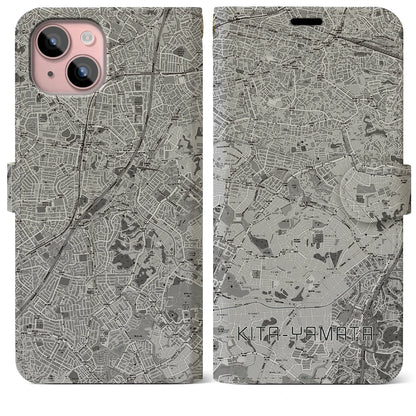 【北山田（神奈川県）】地図柄iPhoneケース（手帳タイプ）モノトーン・iPhone 15 Plus 用