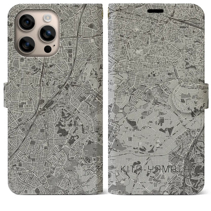 【北山田（神奈川県）】地図柄iPhoneケース（手帳タイプ）モノトーン・iPhone 16 Plus 用