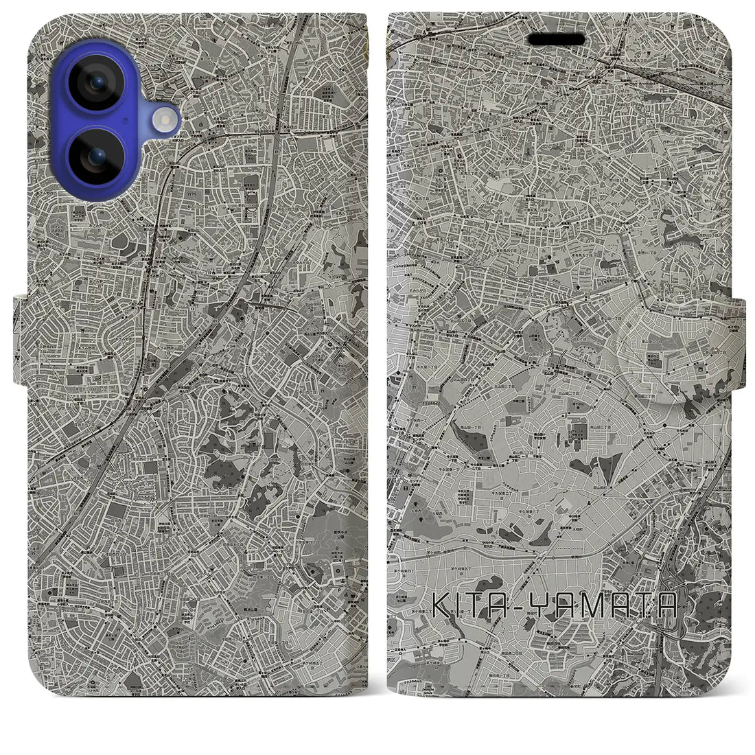 【北山田(神奈川県)】地図柄iPhoneケース(手帳タイプ)モノトーン・iPhone 16 Pro Max 用