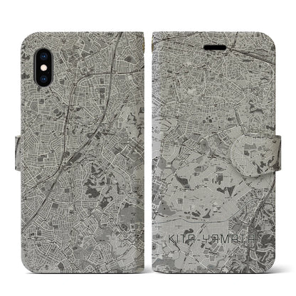 【北山田（神奈川県）】地図柄iPhoneケース（手帳タイプ）モノトーン・iPhone XS / X 用