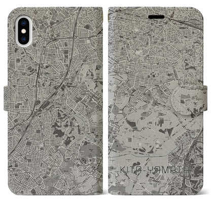 【北山田（神奈川県）】地図柄iPhoneケース（手帳タイプ）モノトーン・iPhone XS Max 用