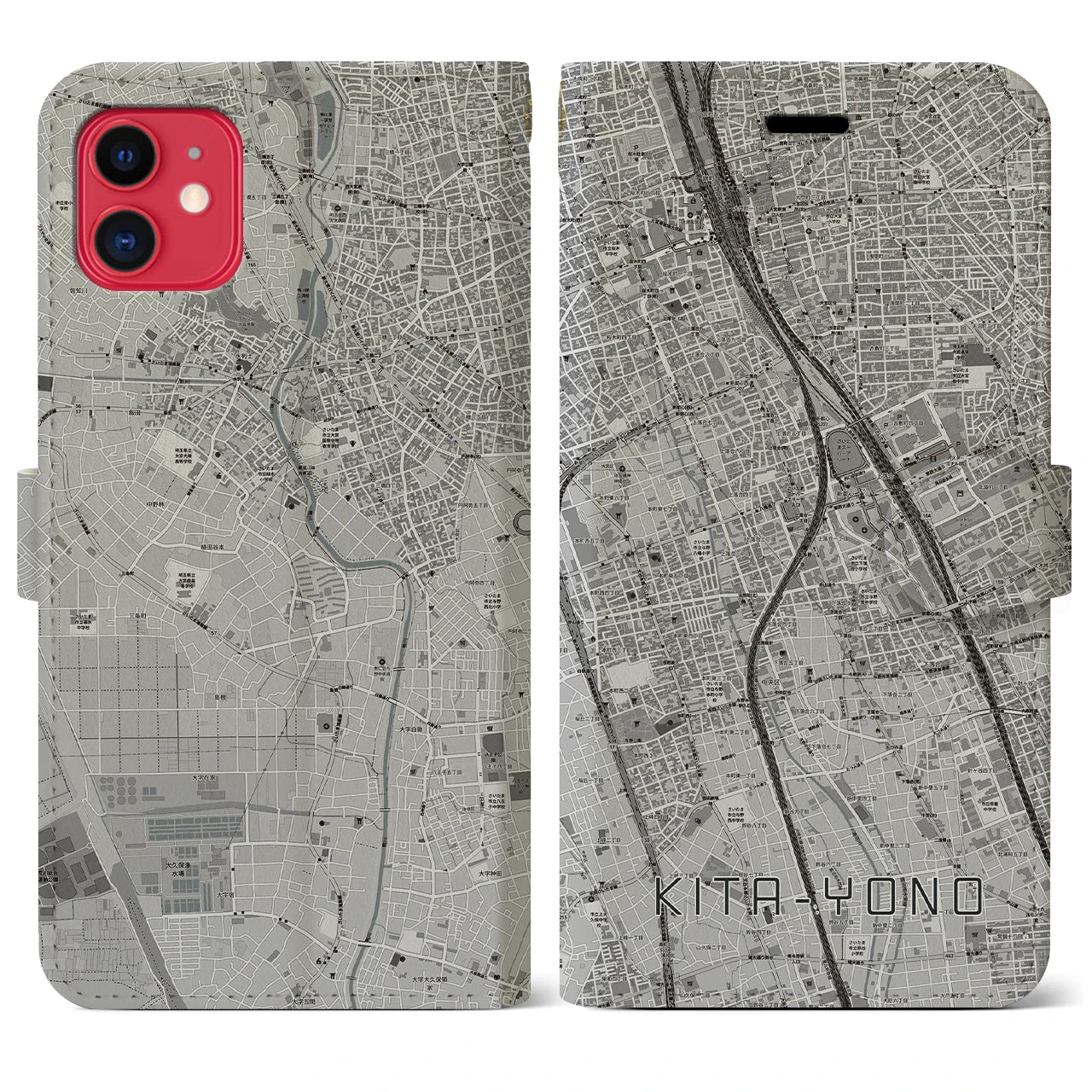 【北与野】地図柄iPhoneケース（手帳両面タイプ・モノトーン）iPhone 11 用