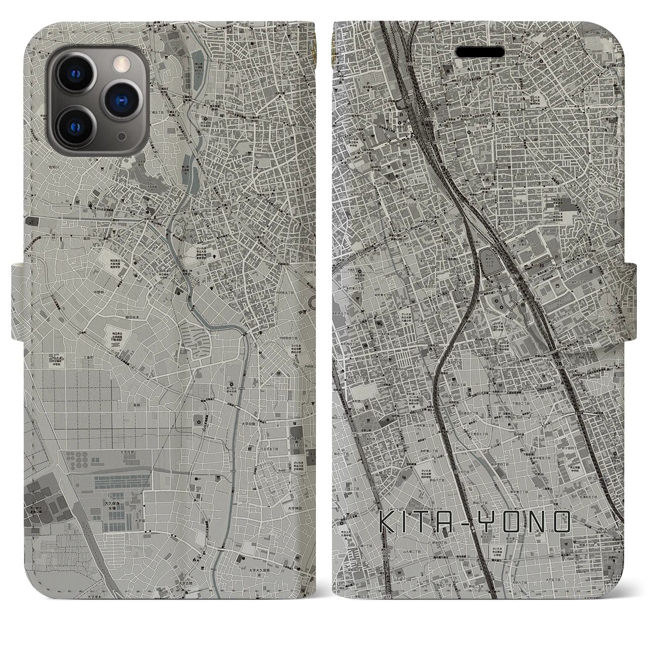 【北与野】地図柄iPhoneケース（手帳両面タイプ・モノトーン）iPhone 11 Pro Max 用