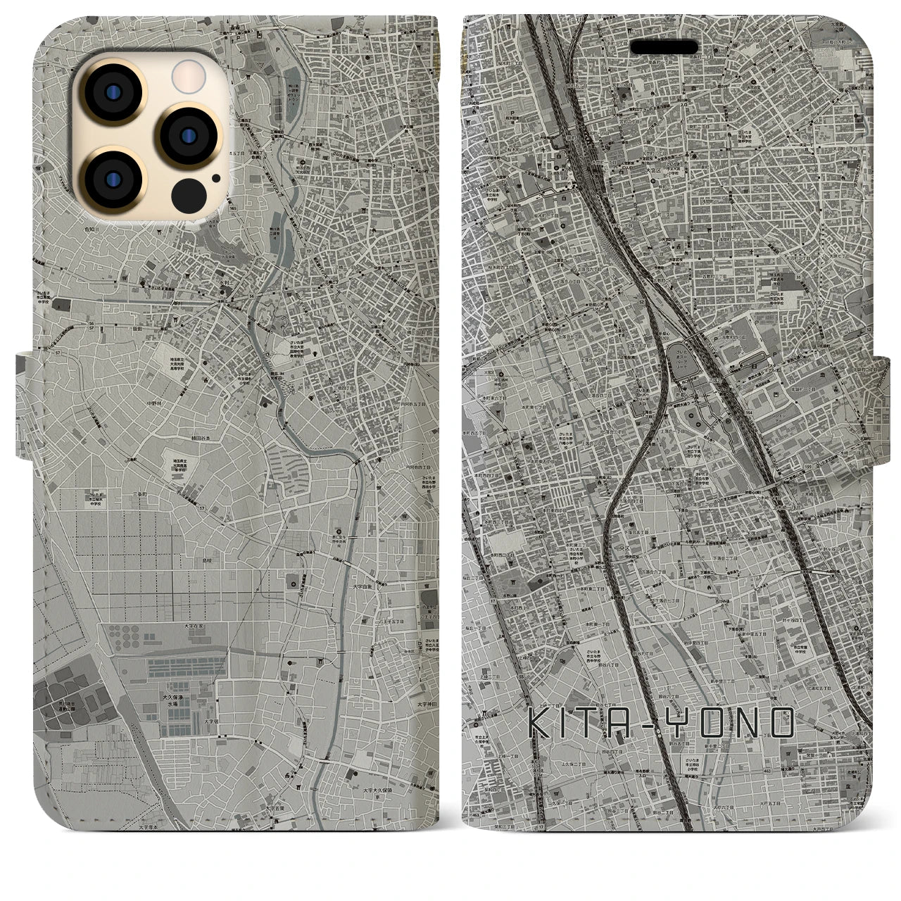 【北与野】地図柄iPhoneケース（手帳両面タイプ・モノトーン）iPhone 12 Pro Max 用