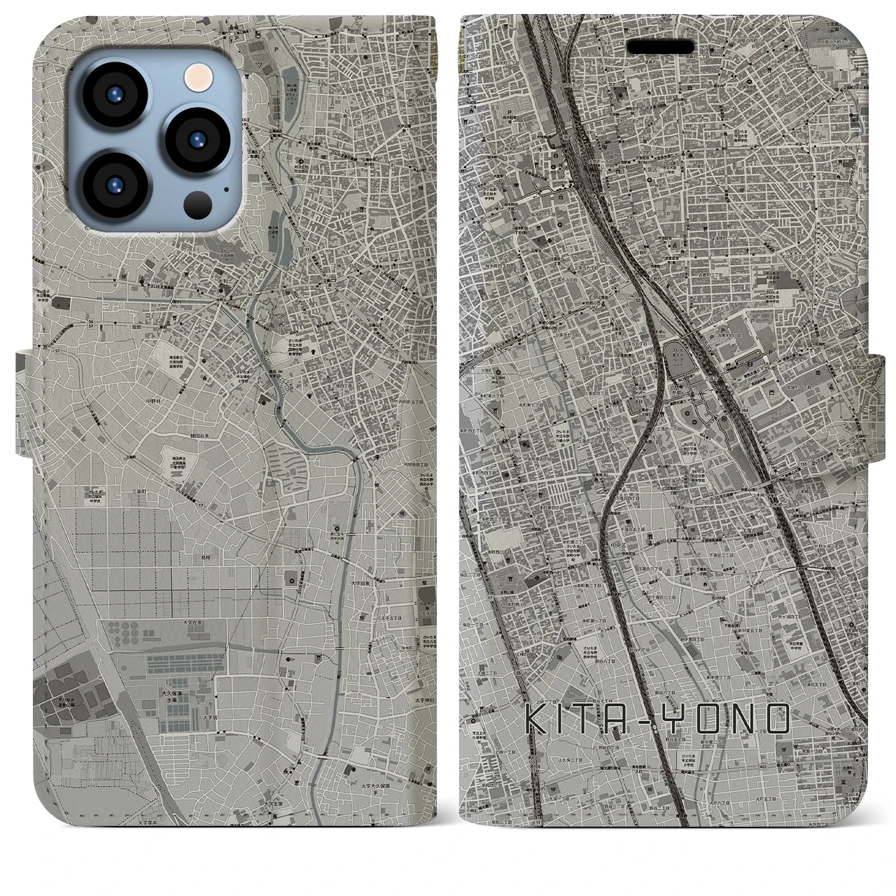 【北与野】地図柄iPhoneケース（手帳両面タイプ・モノトーン）iPhone 13 Pro Max 用