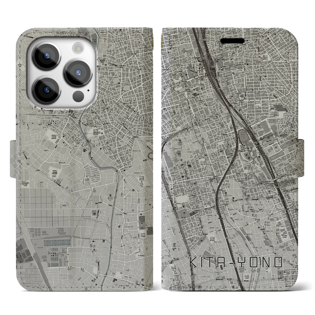 【北与野】地図柄iPhoneケース（手帳両面タイプ・モノトーン）iPhone 14 Pro 用