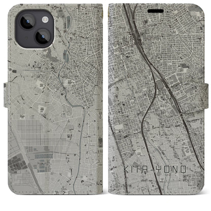 【北与野（埼玉県）】地図柄iPhoneケース（手帳タイプ）モノトーン・iPhone 14 Plus 用