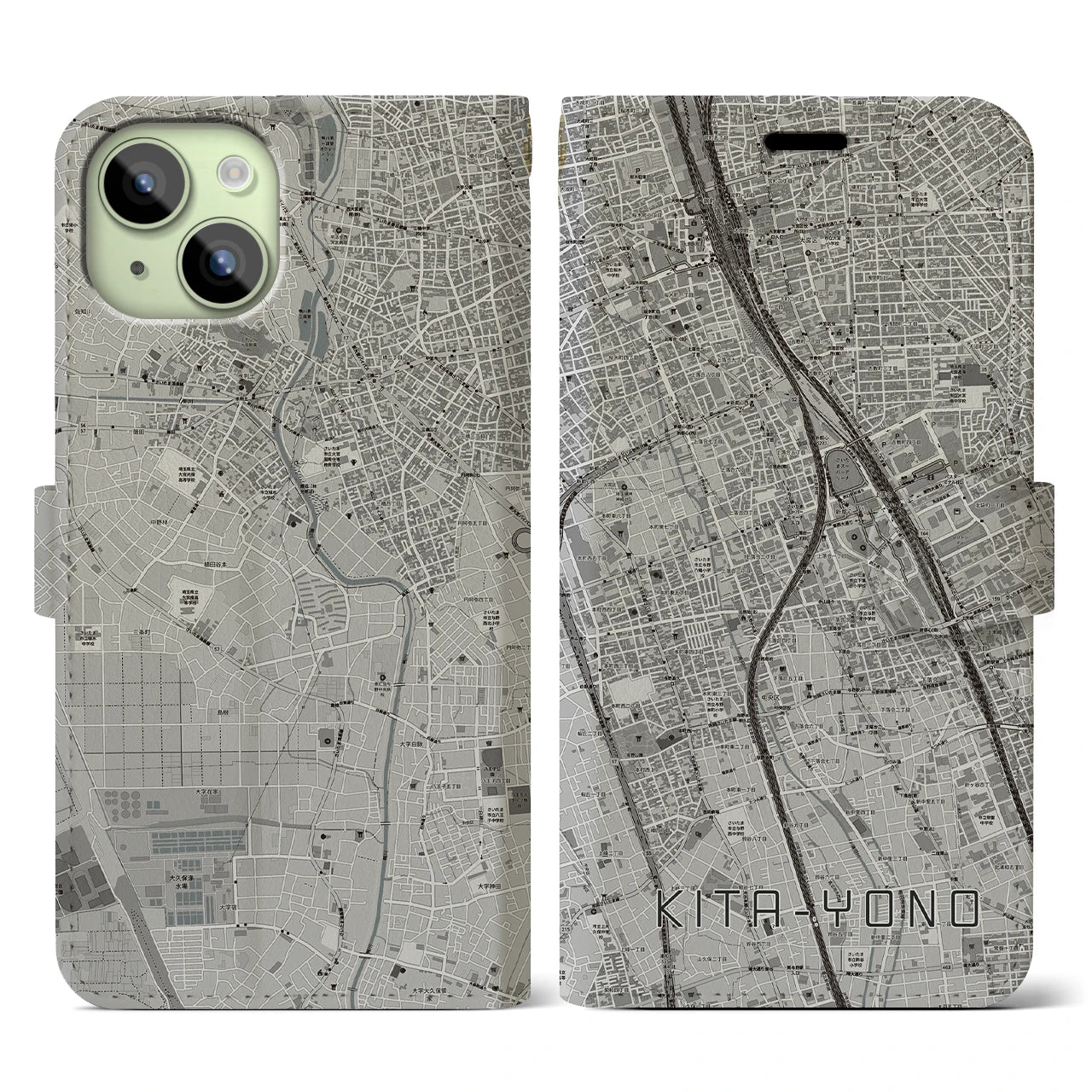 【北与野】地図柄iPhoneケース（手帳両面タイプ・モノトーン）iPhone 15 用