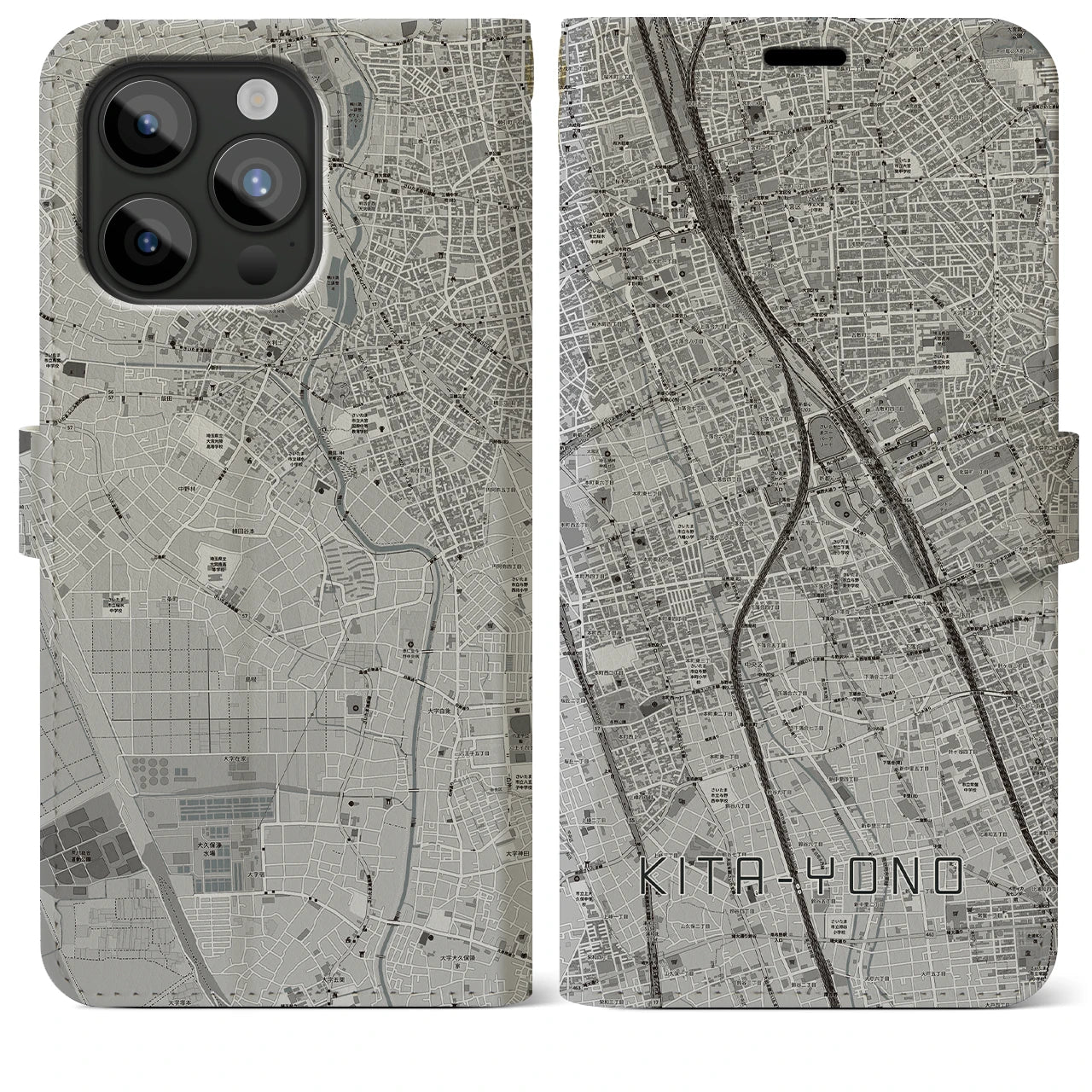 【北与野】地図柄iPhoneケース（手帳両面タイプ・モノトーン）iPhone 15 Pro Max 用