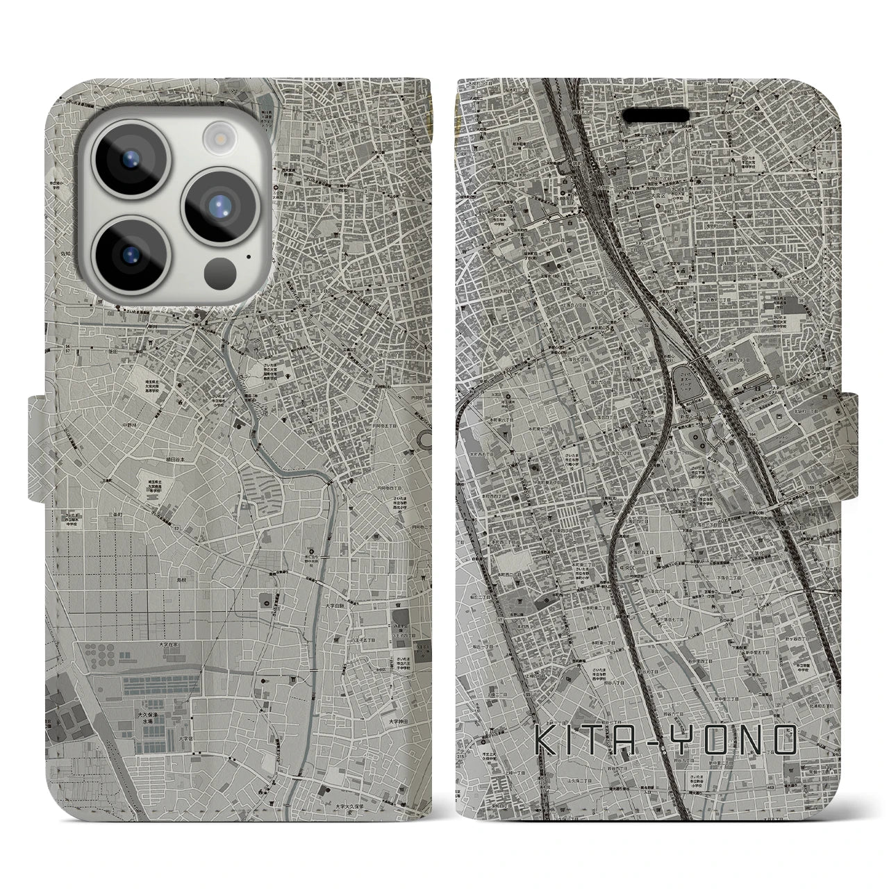【北与野】地図柄iPhoneケース（手帳両面タイプ・モノトーン）iPhone 15 Pro 用