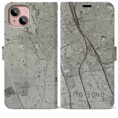 【北与野（埼玉県）】地図柄iPhoneケース（手帳タイプ）モノトーン・iPhone 15 Plus 用