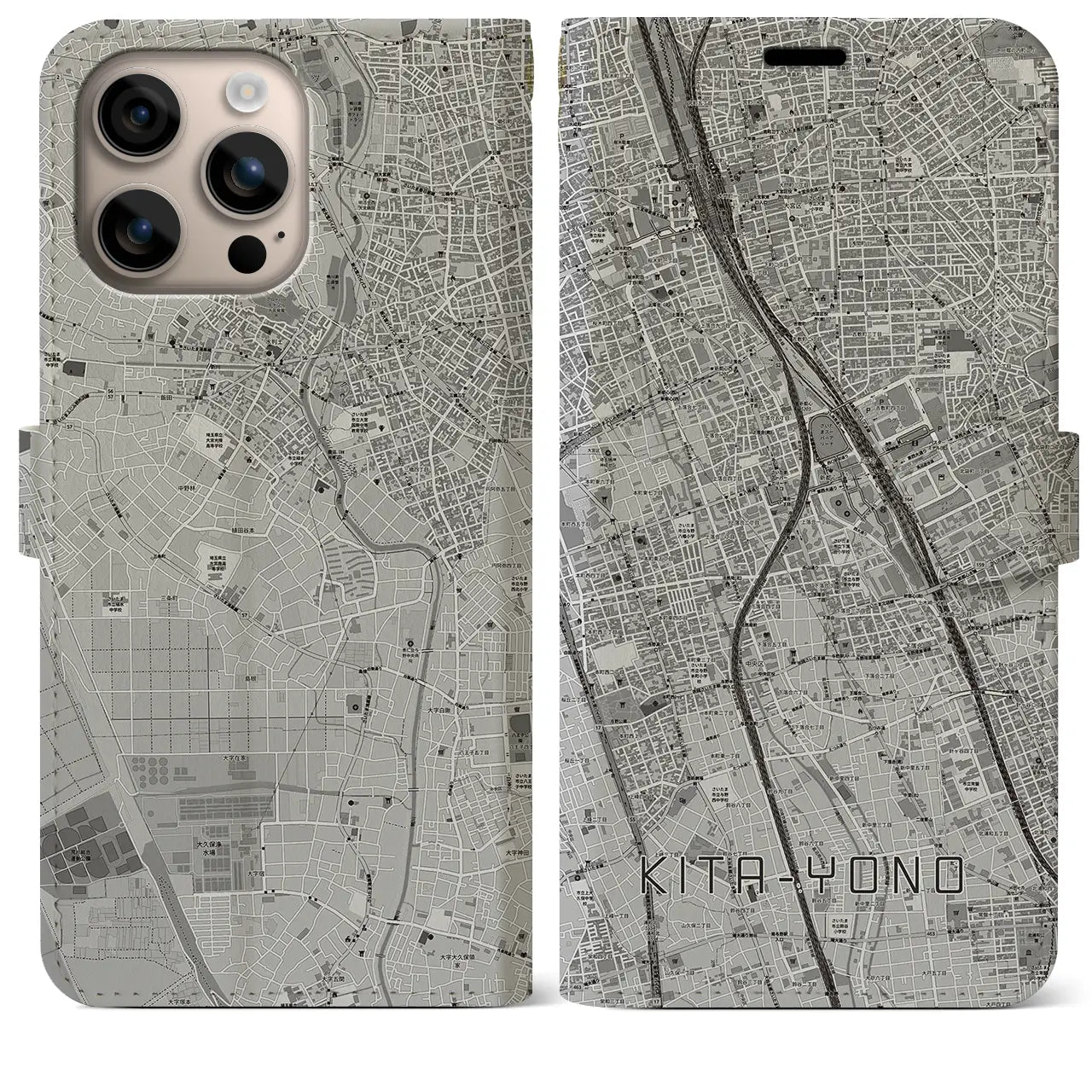 【北与野（埼玉県）】地図柄iPhoneケース（手帳タイプ）モノトーン・iPhone 16 Plus 用