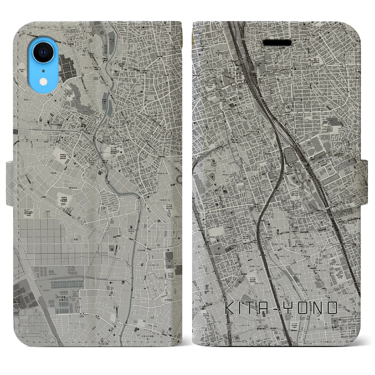 【北与野】地図柄iPhoneケース（手帳両面タイプ・モノトーン）iPhone XR 用