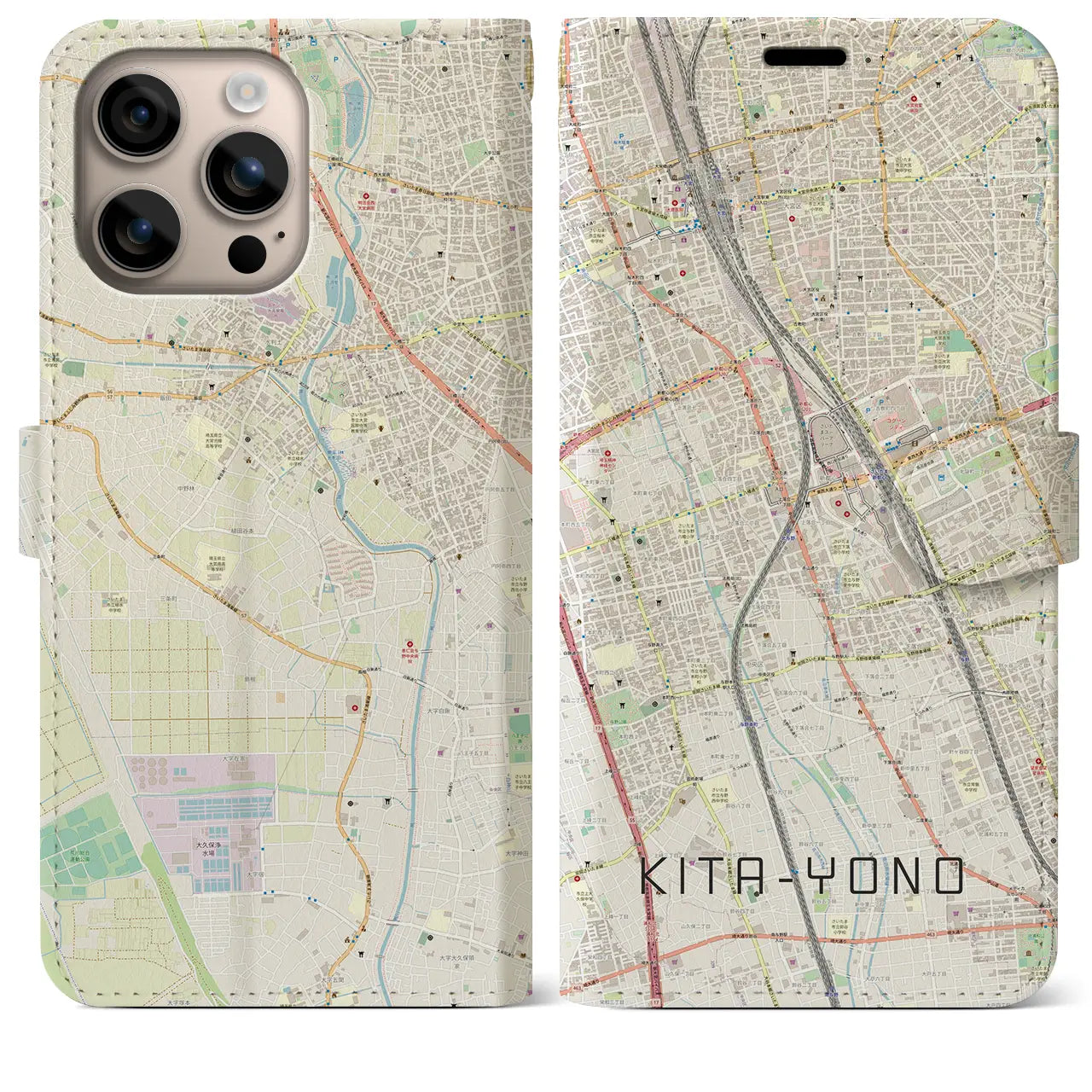 【北与野（埼玉県）】地図柄iPhoneケース（手帳タイプ）ナチュラル・iPhone 16 Plus 用