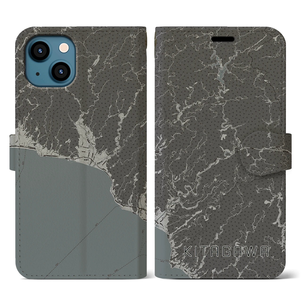 【北川（高知県）】地図柄iPhoneケース（手帳タイプ）モノトーン・iPhone 13 用