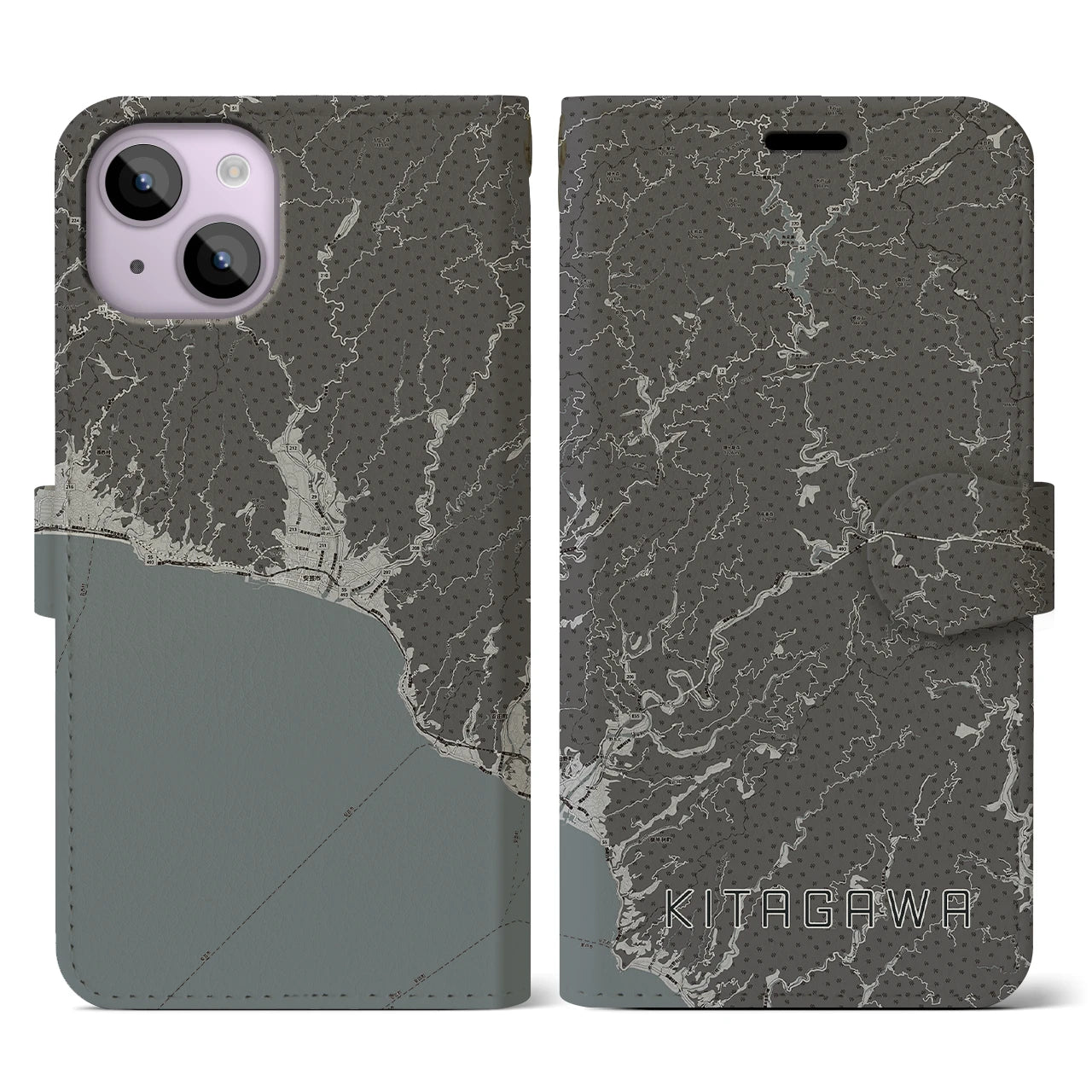 【北川（高知県）】地図柄iPhoneケース（手帳タイプ）モノトーン・iPhone 14 用