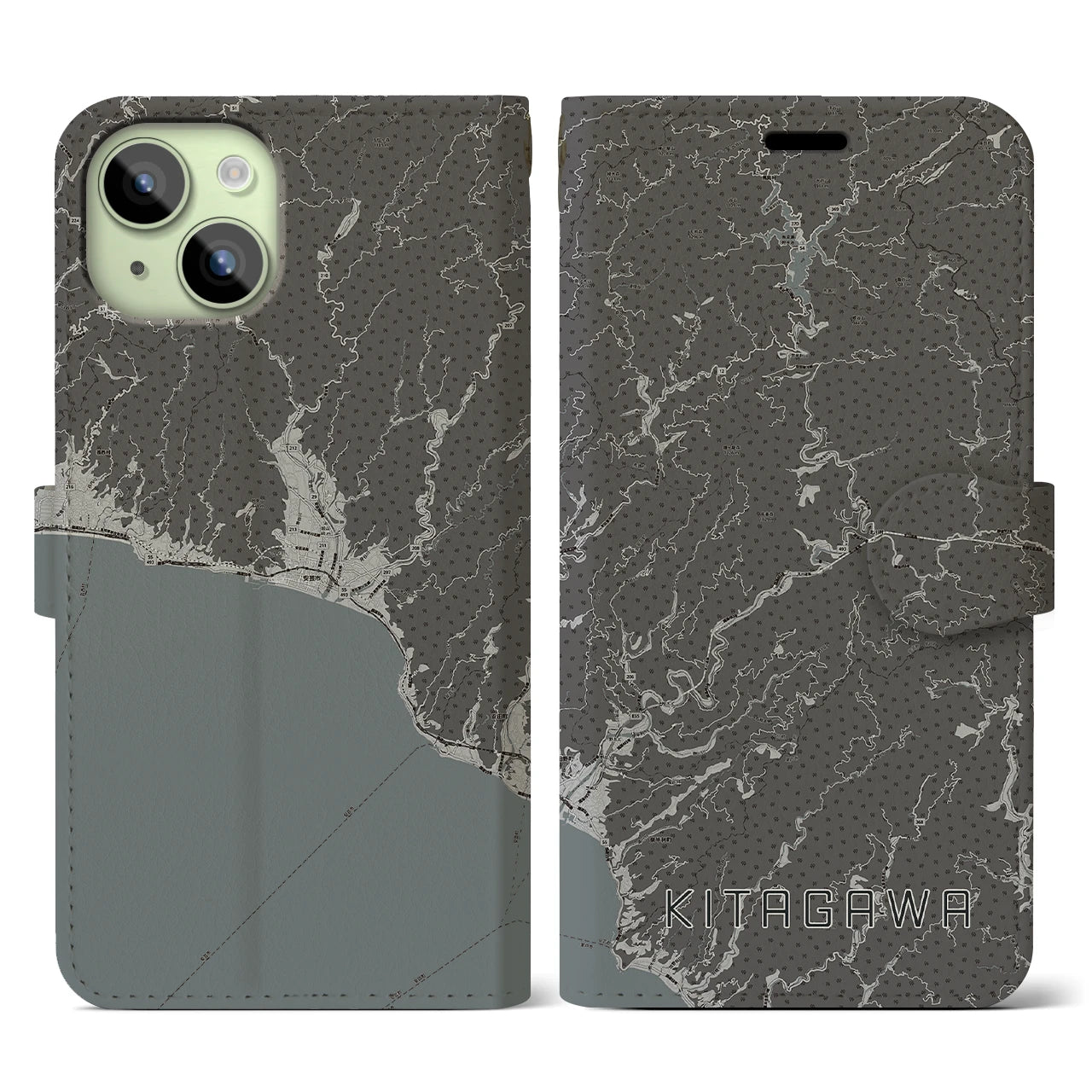 【北川（高知県）】地図柄iPhoneケース（手帳タイプ）モノトーン・iPhone 15 用