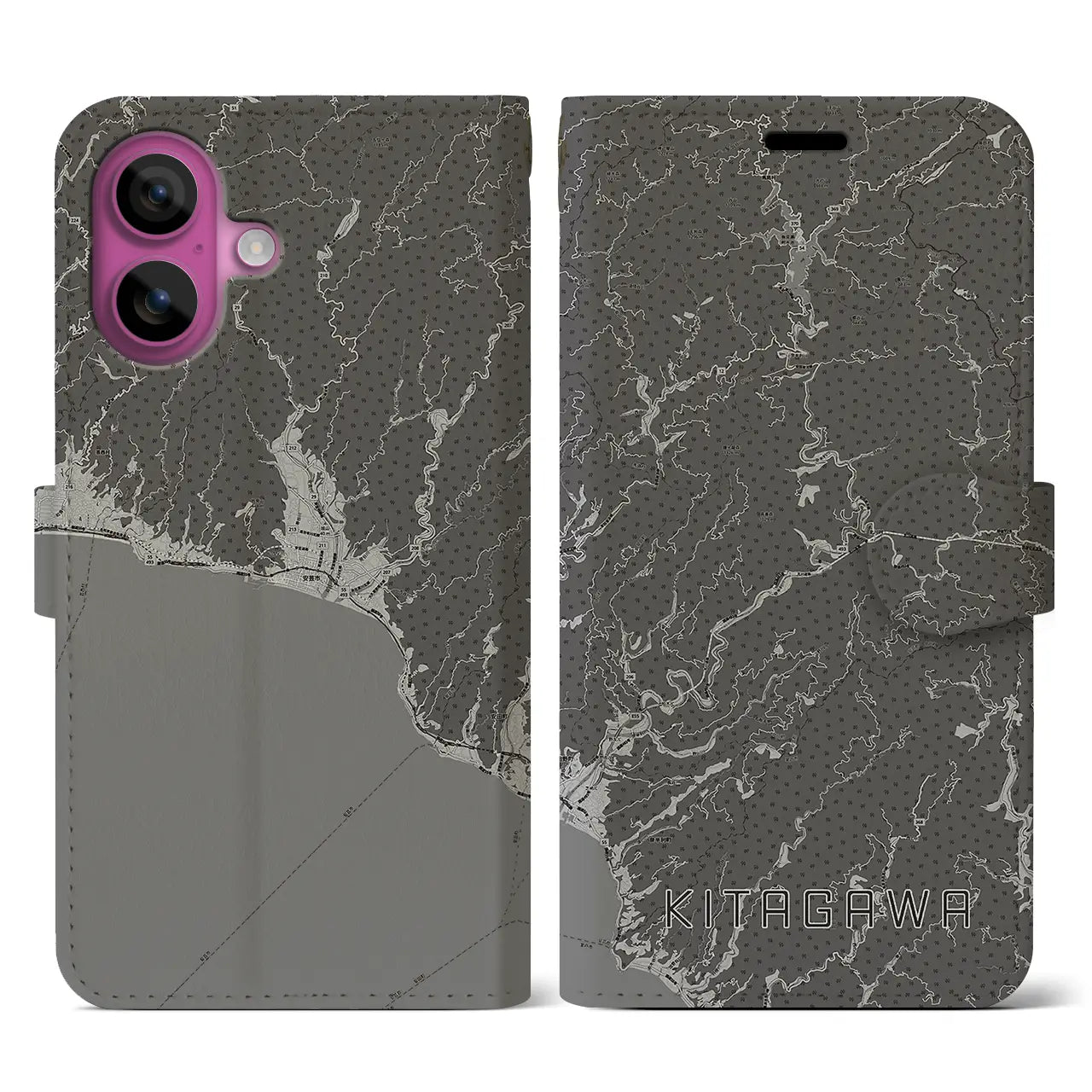 【北川（高知県）】地図柄iPhoneケース（手帳タイプ）モノトーン・iPhone 16 Pro 用