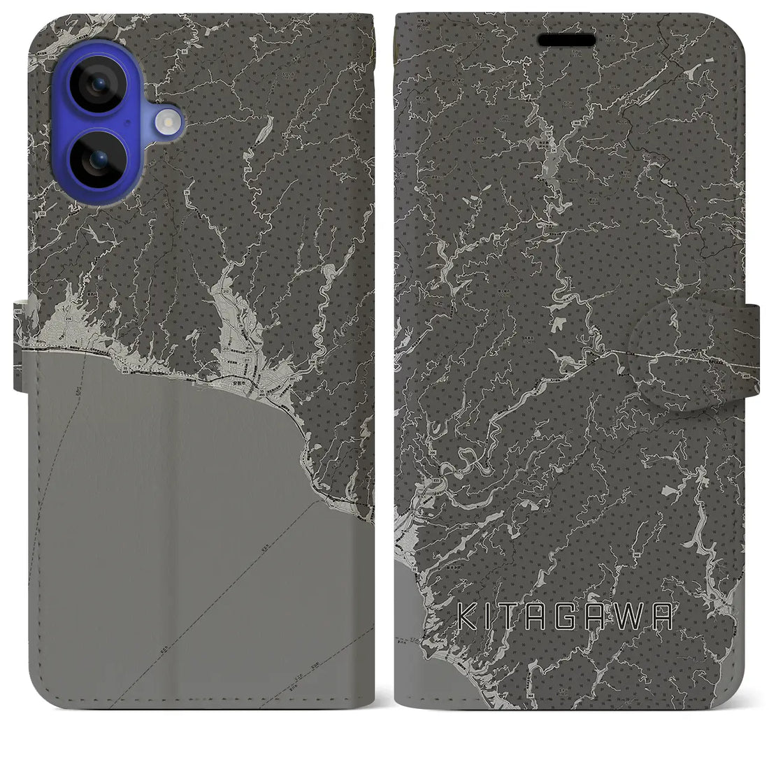 【北川(高知県)】地図柄iPhoneケース(手帳タイプ)モノトーン・iPhone 16 Pro Max 用