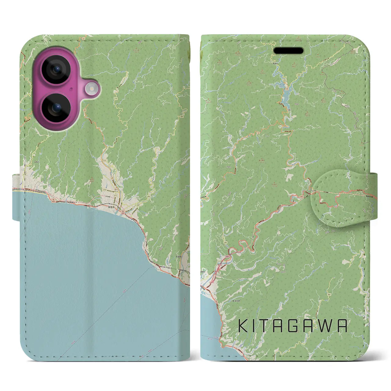 【北川（高知県）】地図柄iPhoneケース（手帳タイプ）ナチュラル・iPhone 16 Pro 用