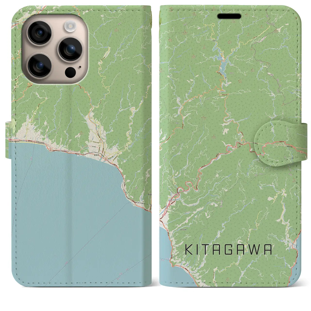 【北川（高知県）】地図柄iPhoneケース（手帳タイプ）ナチュラル・iPhone 16 Plus 用