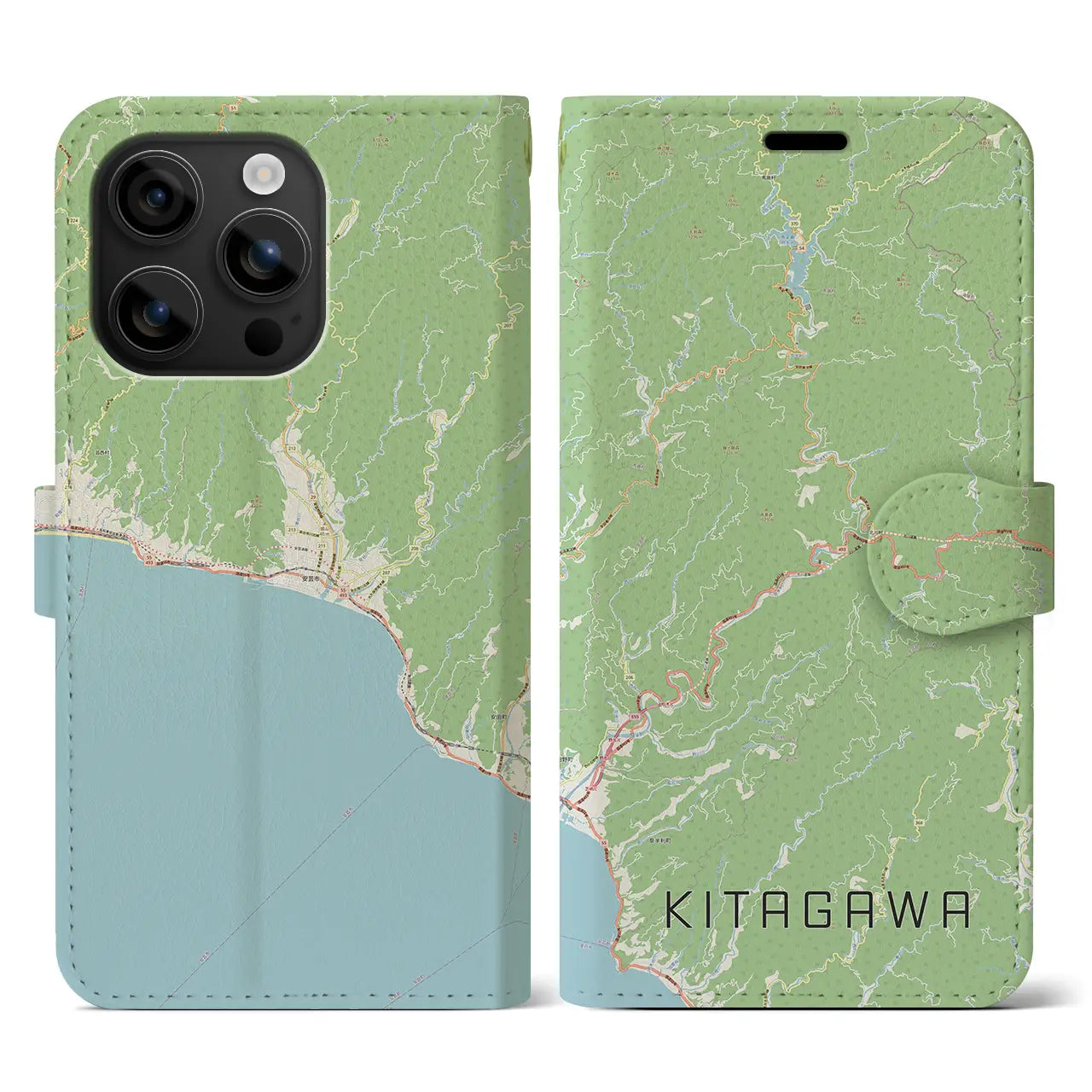【北川（高知県）】地図柄iPhoneケース（手帳タイプ）ナチュラル・iPhone 16 用