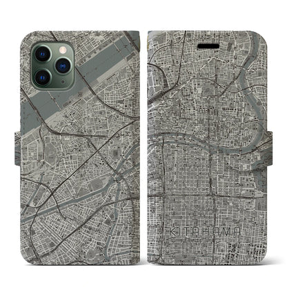 【北浜（大阪府）】地図柄iPhoneケース（手帳タイプ）モノトーン・iPhone 11 Pro 用