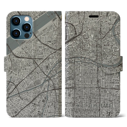 【北浜（大阪府）】地図柄iPhoneケース（手帳タイプ）モノトーン・iPhone 12 / 12 Pro 用
