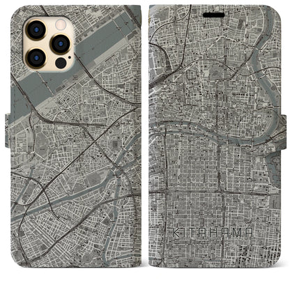 【北浜（大阪府）】地図柄iPhoneケース（手帳タイプ）モノトーン・iPhone 12 Pro Max 用