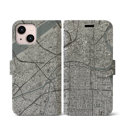 【北浜（大阪府）】地図柄iPhoneケース（手帳タイプ）モノトーン・iPhone 13 mini 用