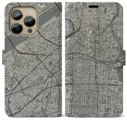 【北浜（大阪府）】地図柄iPhoneケース（手帳タイプ）モノトーン・iPhone 14 Pro Max 用
