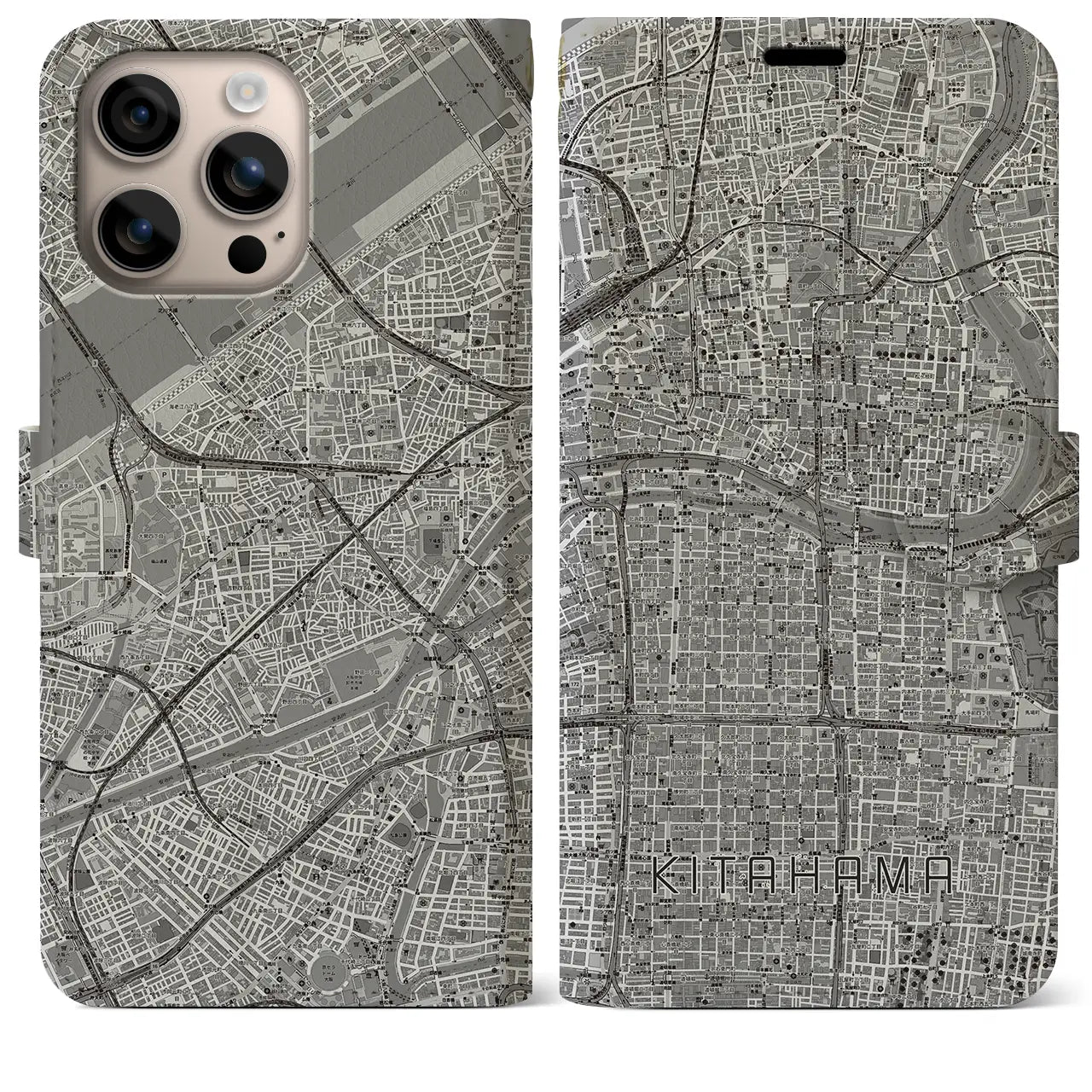 【北浜（大阪府）】地図柄iPhoneケース（手帳タイプ）モノトーン・iPhone 16 Plus 用