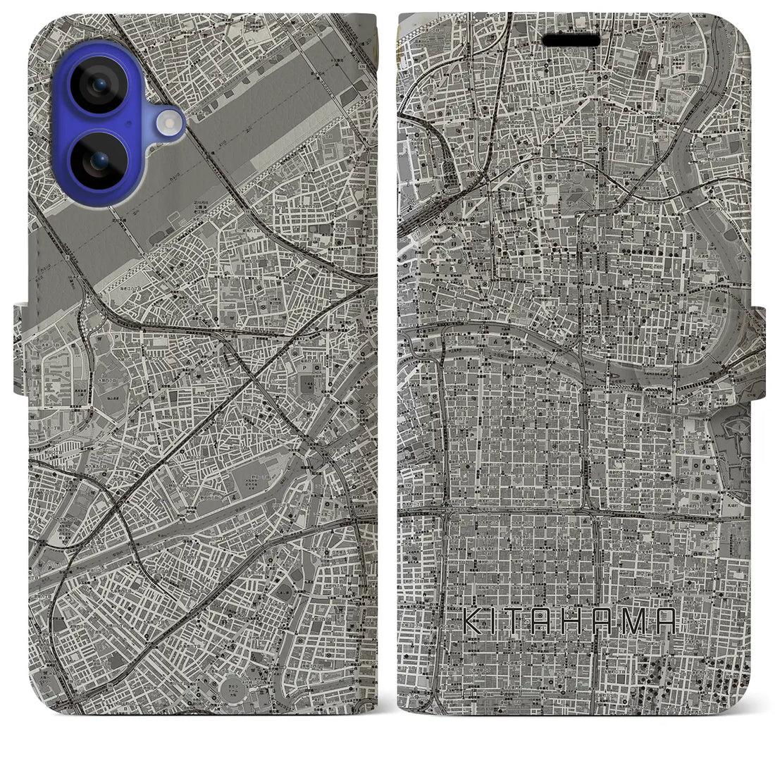 【北浜(大阪府)】地図柄iPhoneケース(手帳タイプ)モノトーン・iPhone 16 Pro Max 用