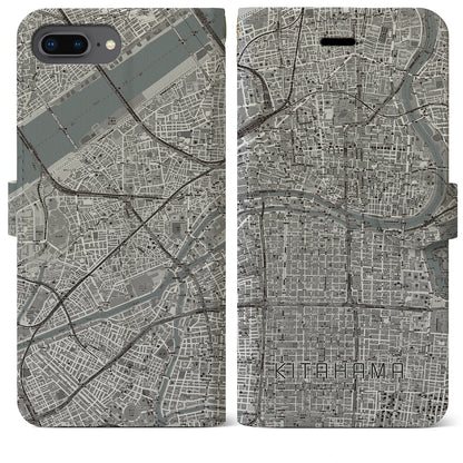 【北浜（大阪府）】地図柄iPhoneケース（手帳タイプ）モノトーン・iPhone 8Plus /7Plus / 6sPlus / 6Plus 用